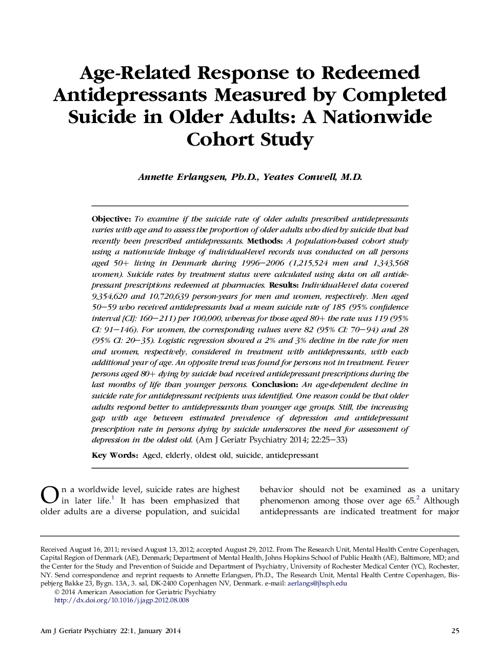 پاسخ به سن مربوط به داروهای ضد افسردگی تجویز شده اندازه گیری شده توسط خودکشی کامل در بزرگسالان سالمند: یک مطالعه همگروه در سراسر کشور 