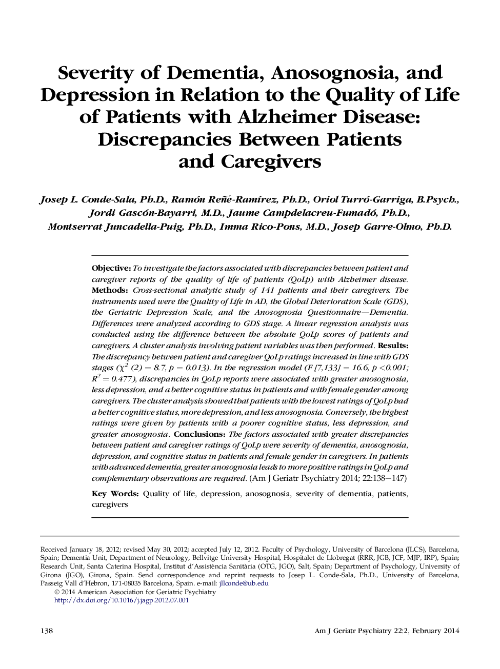 Severity of Dementia, Anosognosia, and Depression in Relation to the Quality of Life of Patients with Alzheimer Disease: Discrepancies Between Patients andÂ Caregivers