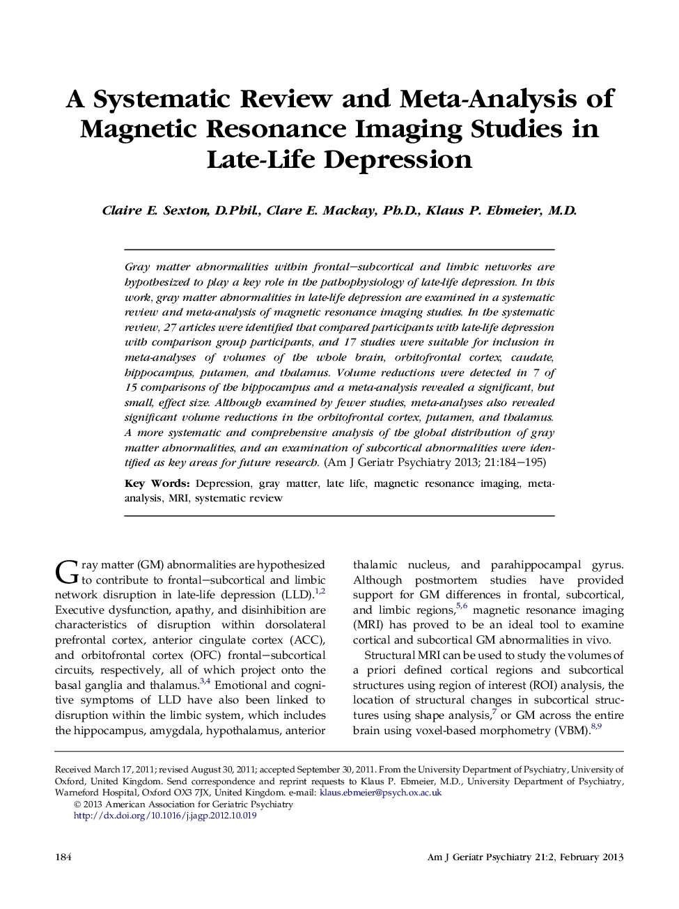 A Systematic Review and Meta-Analysis of Magnetic Resonance Imaging Studies in Late-Life Depression