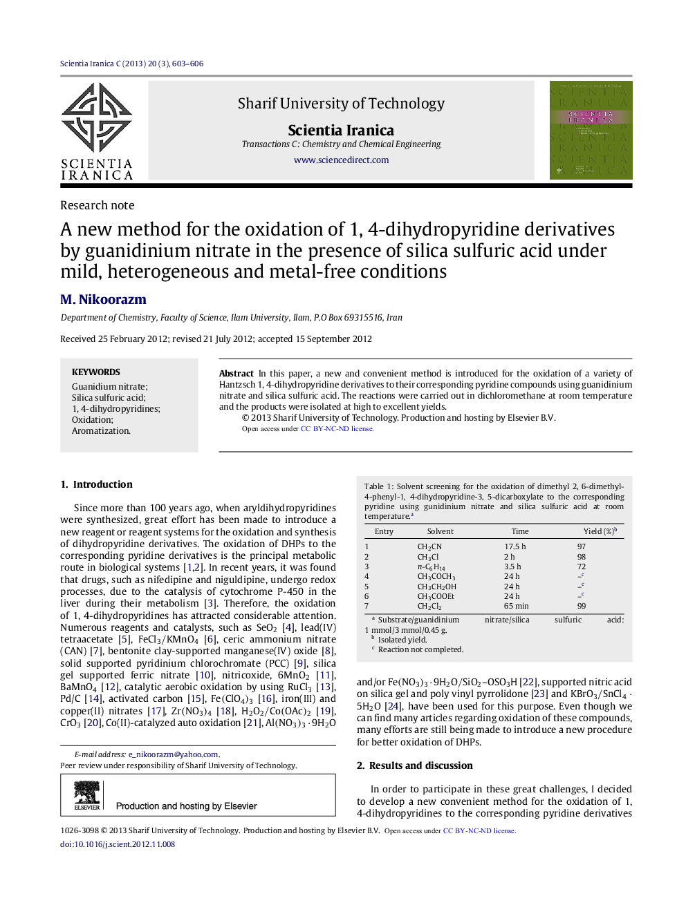 A new method for the oxidation of 1, 4-dihydropyridine derivatives by guanidinium nitrate in the presence of silica sulfuric acid under mild, heterogeneous and metal-free conditions 