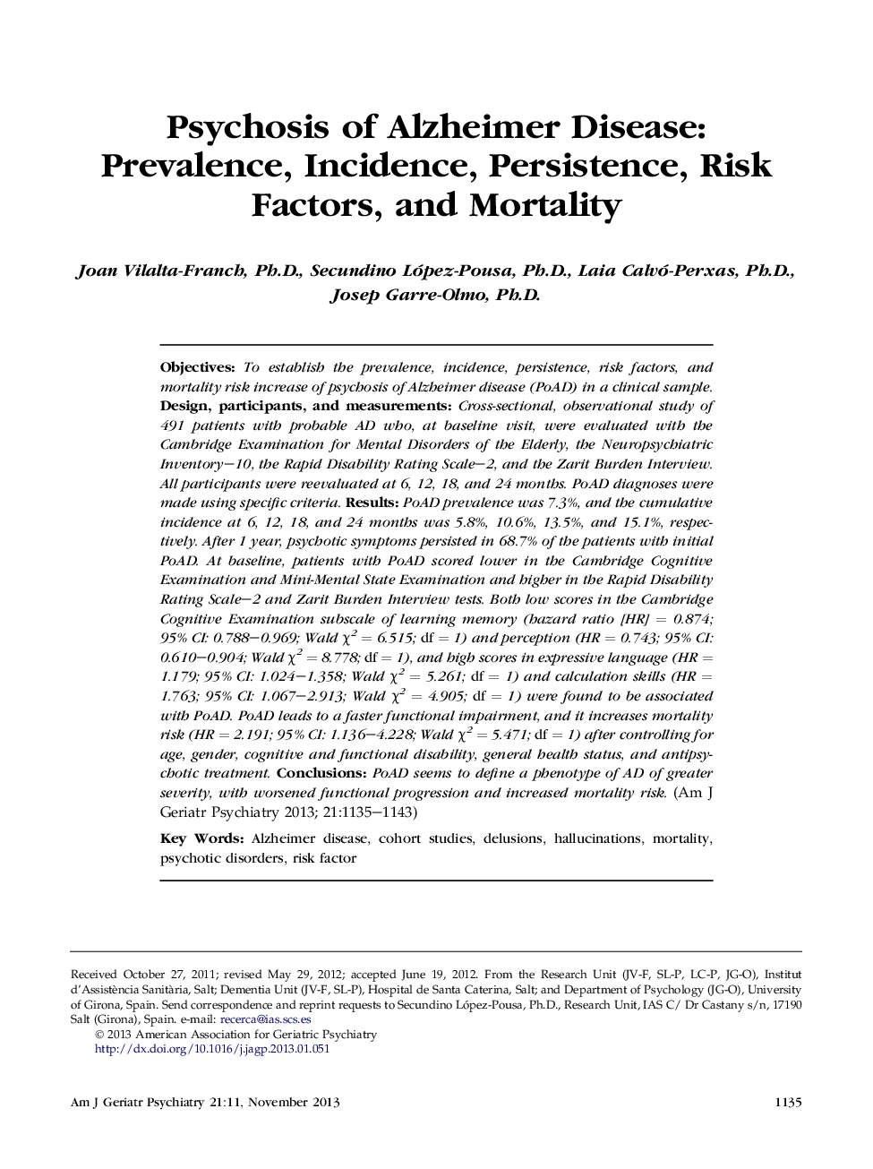 Psychosis of Alzheimer Disease: Prevalence, Incidence, Persistence, Risk Factors, and Mortality