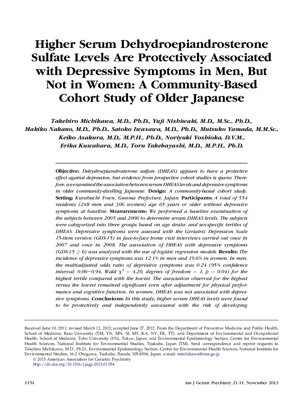 Higher Serum Dehydroepiandrosterone Sulfate Levels Are Protectively Associated with Depressive Symptoms in Men, But NotÂ in Women: A Community-Based CohortÂ Study of Older Japanese