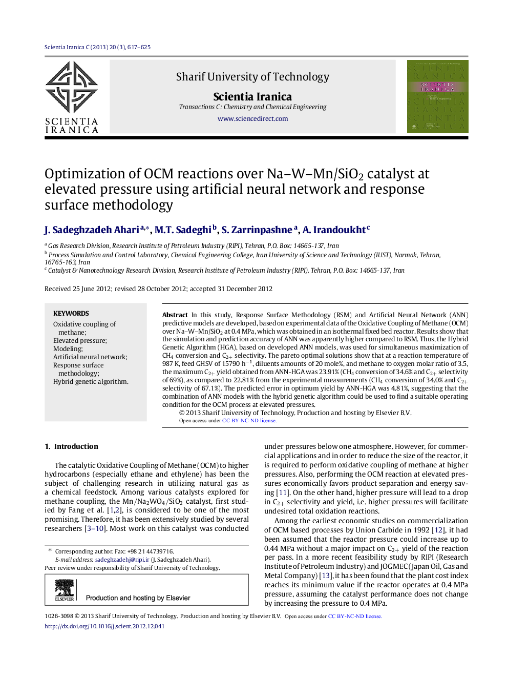 Optimization of OCM reactions over Na–W–Mn/ SiO2 catalyst at elevated pressure using artificial neural network and response surface methodology 