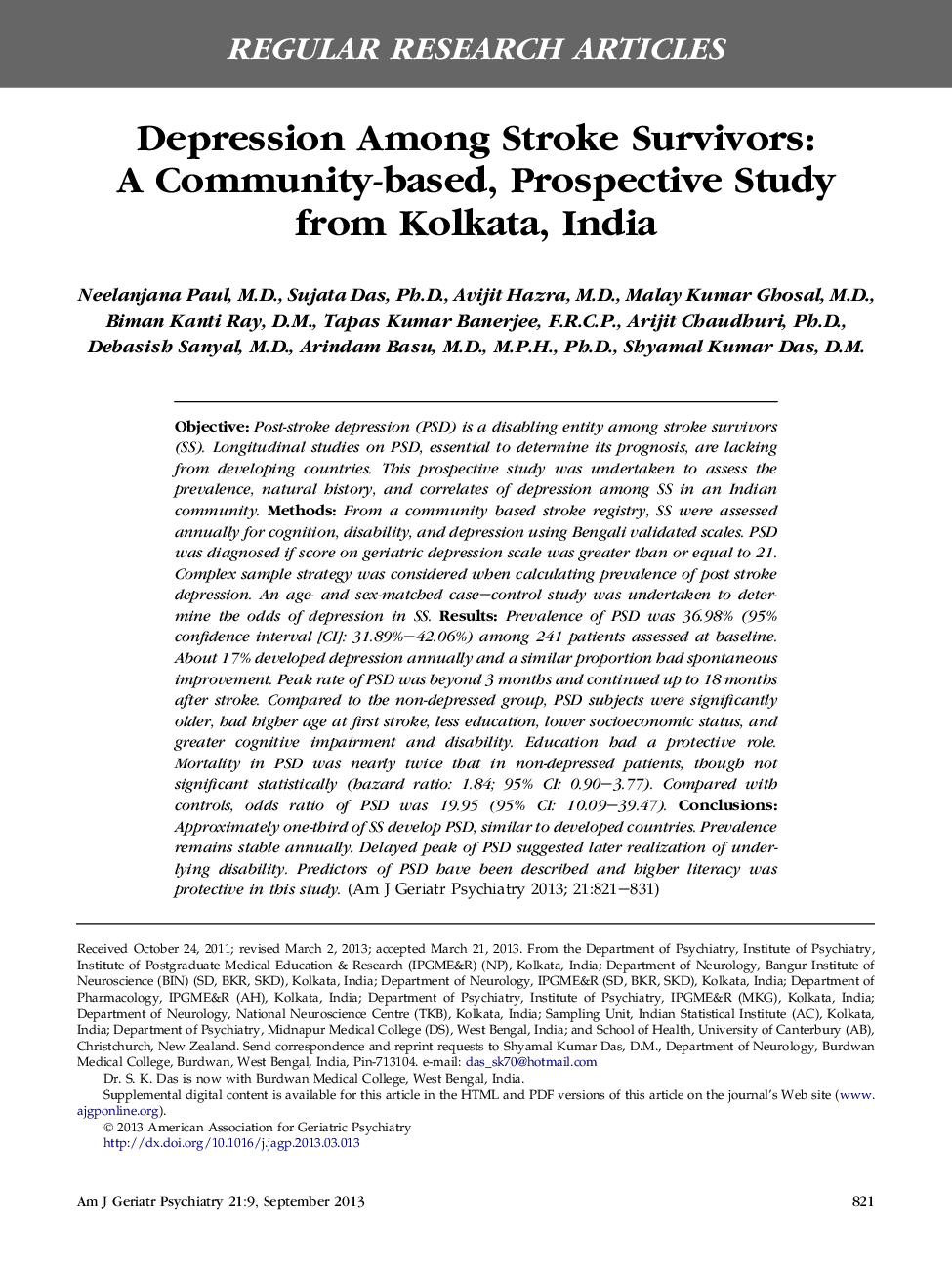 Depression Among Stroke Survivors: A Community-based, Prospective Study from Kolkata, India