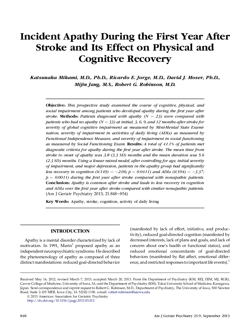 Incident Apathy During the First Year After Stroke and Its Effect on Physical and Cognitive Recovery