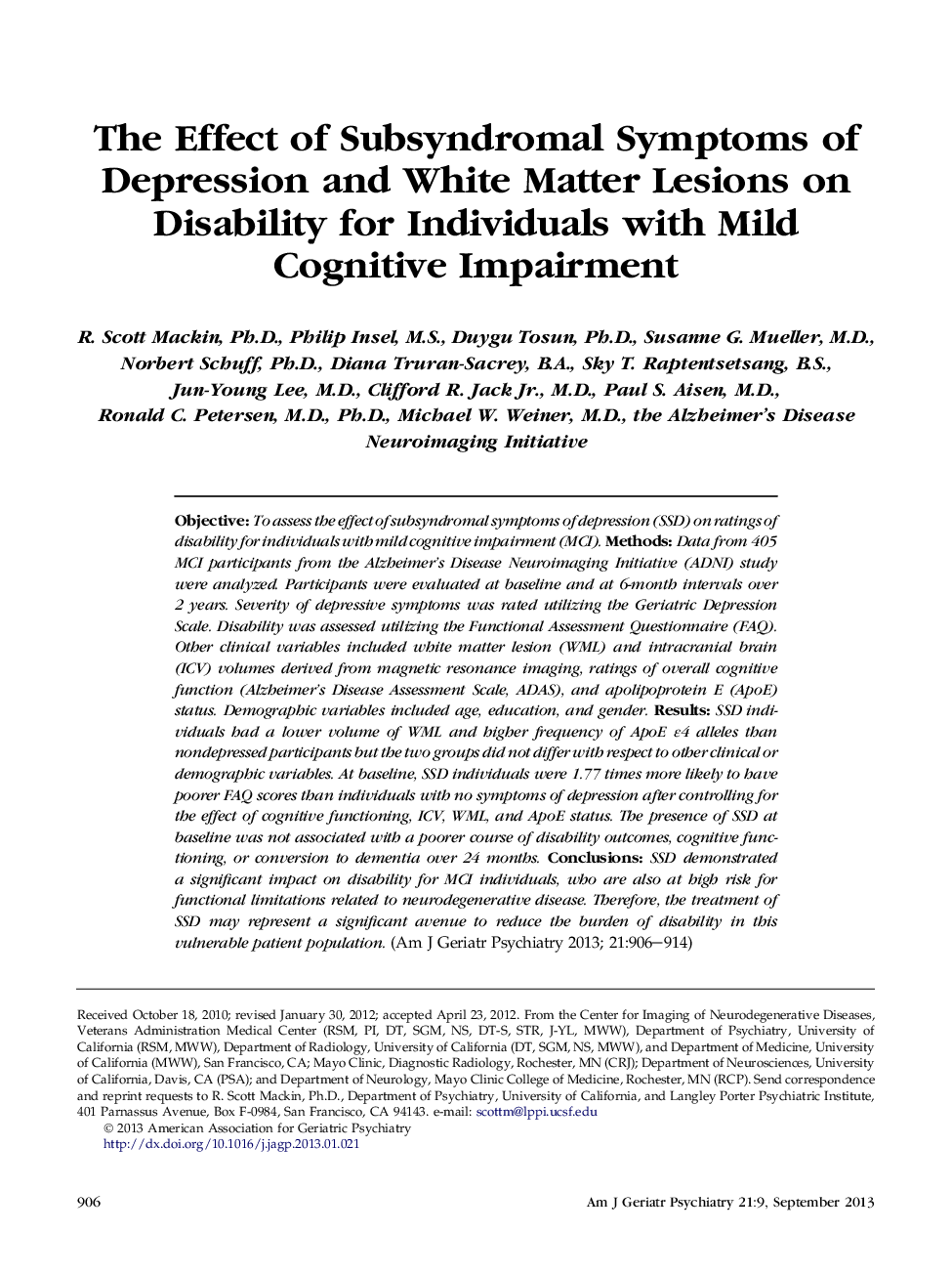 The Effect of Subsyndromal Symptoms of Depression and White Matter Lesions on Disability for Individuals with Mild Cognitive Impairment