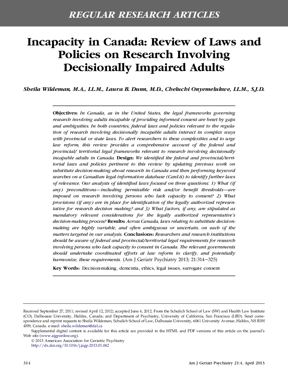 Incapacity in Canada: Review of Laws and Policies on Research Involving DecisionallyÂ Impaired Adults