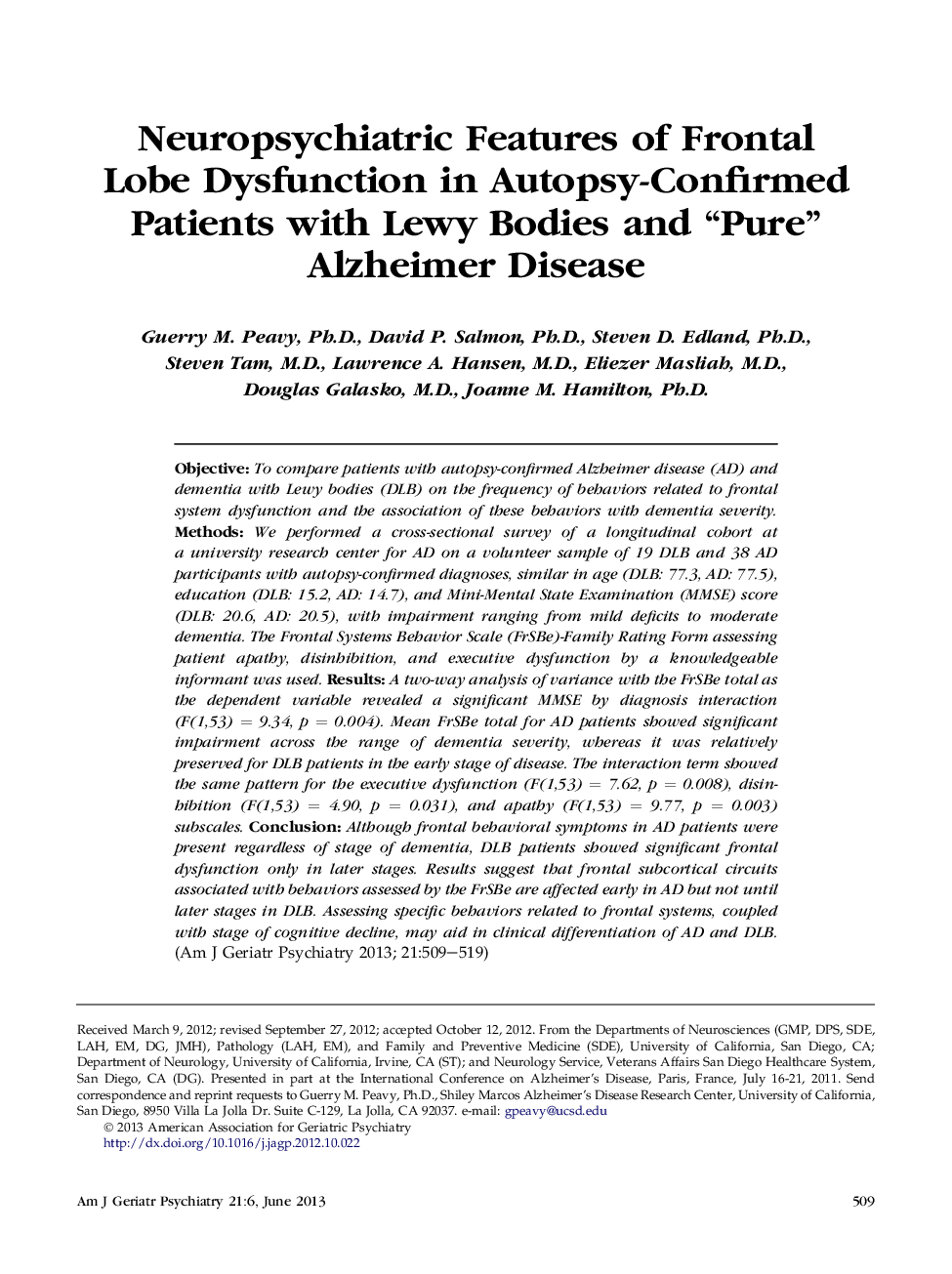 Neuropsychiatric Features of Frontal LobeÂ Dysfunction in Autopsy-Confirmed Patients with Lewy Bodies and “Pure” Alzheimer Disease