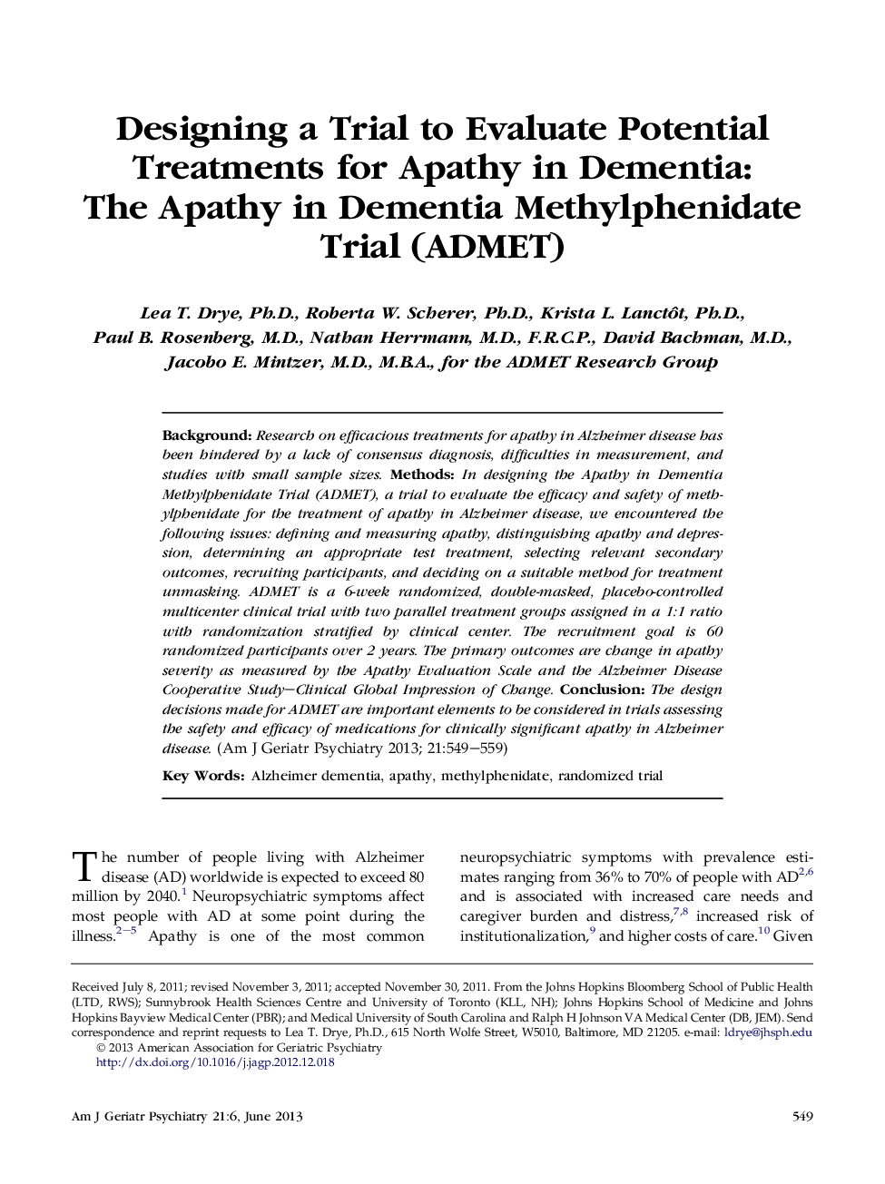 Designing a Trial to Evaluate Potential Treatments for Apathy in Dementia: The Apathy in Dementia Methylphenidate Trial (ADMET)