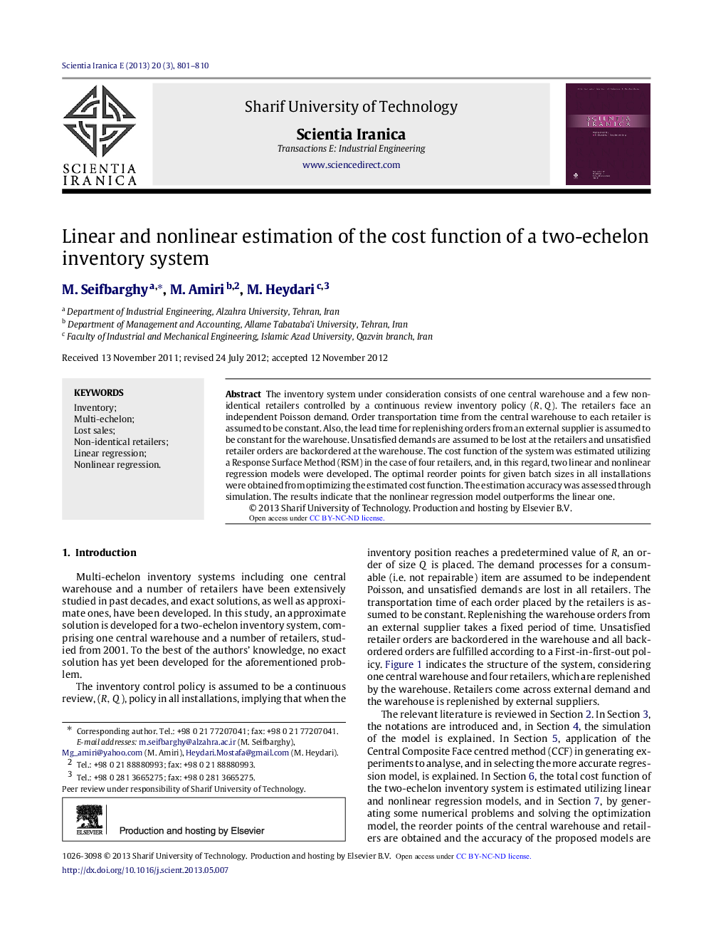 Linear and nonlinear estimation of the cost function of a two-echelon inventory system 