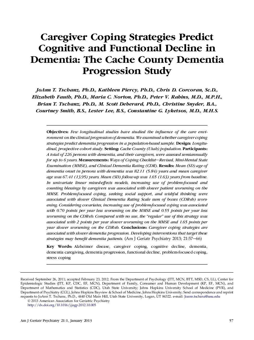 Caregiver Coping Strategies Predict Cognitive and Functional Decline in Dementia: The Cache County Dementia Progression Study