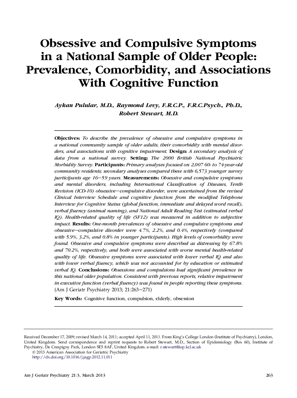 Obsessive and Compulsive Symptoms in a National Sample of Older People: Prevalence, Comorbidity, and Associations With Cognitive Function