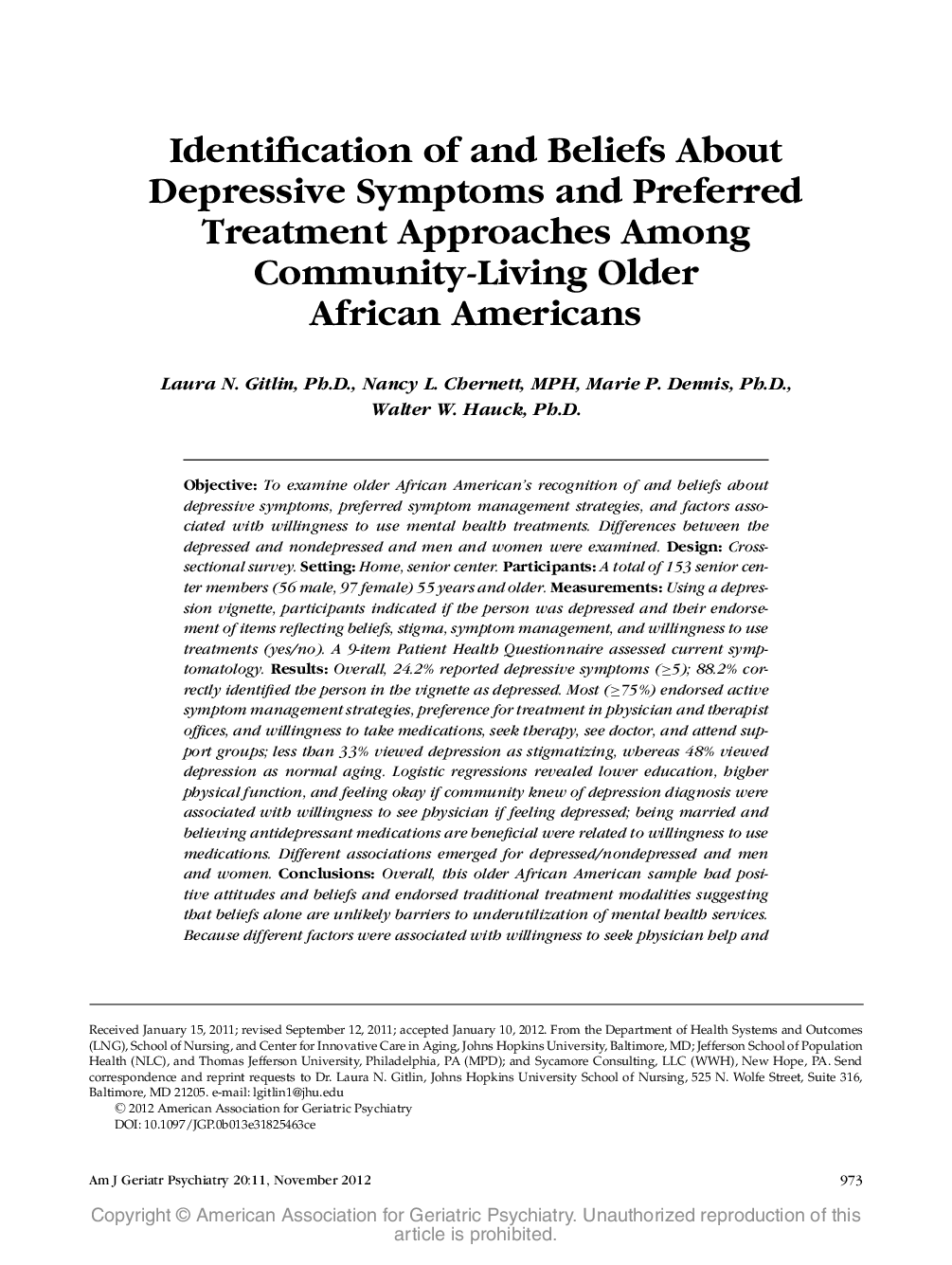 Identification of and Beliefs About Depressive Symptoms and Preferred Treatment Approaches Among Community-Living Older African Americans