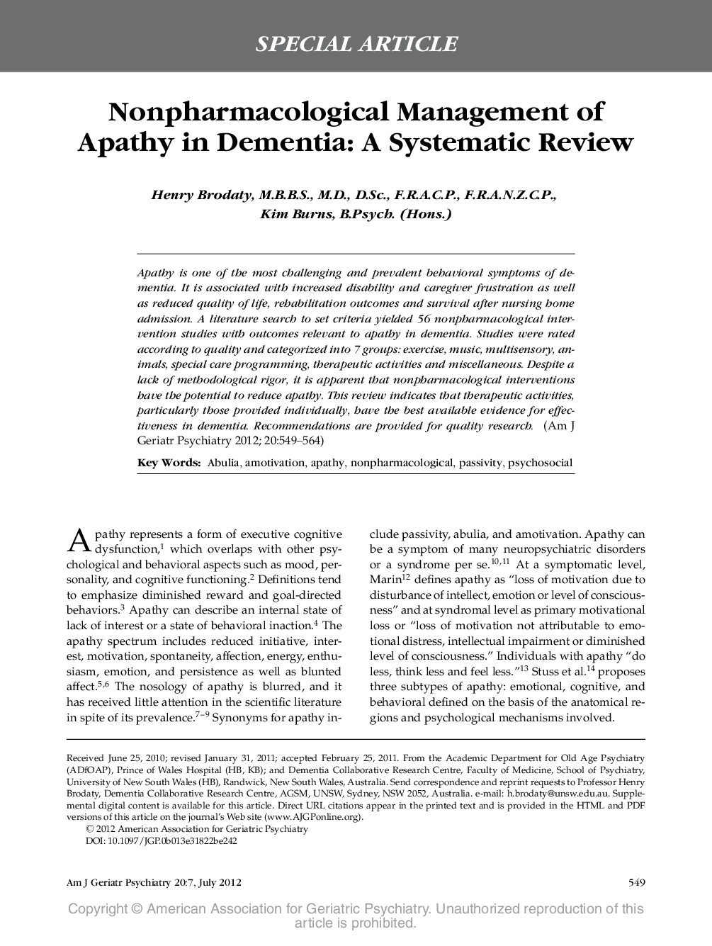 Nonpharmacological Management of Apathy in Dementia: A Systematic Review