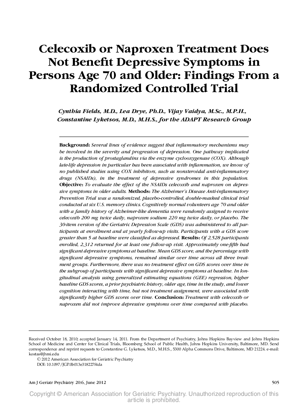 Celecoxib or Naproxen Treatment Does Not Benefit Depressive Symptoms in Persons Age 70 and Older: Findings From a Randomized Controlled Trial