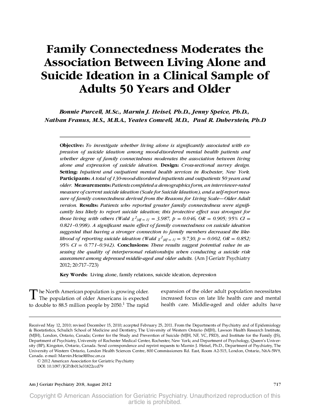 Family Connectedness Moderates the Association Between Living Alone and Suicide Ideation in a Clinical Sample of Adults 50 Years and Older