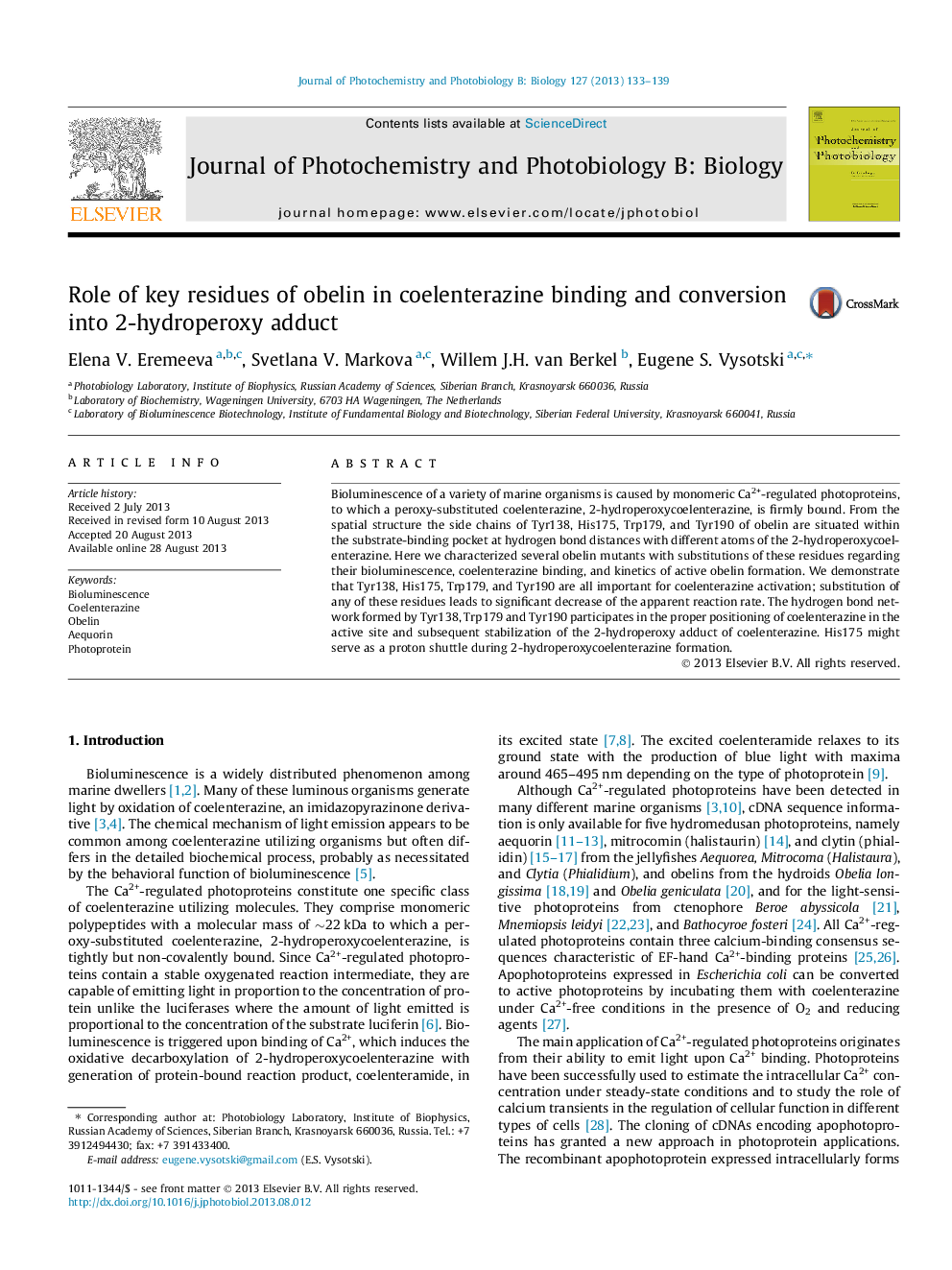 Role of key residues of obelin in coelenterazine binding and conversion into 2-hydroperoxy adduct