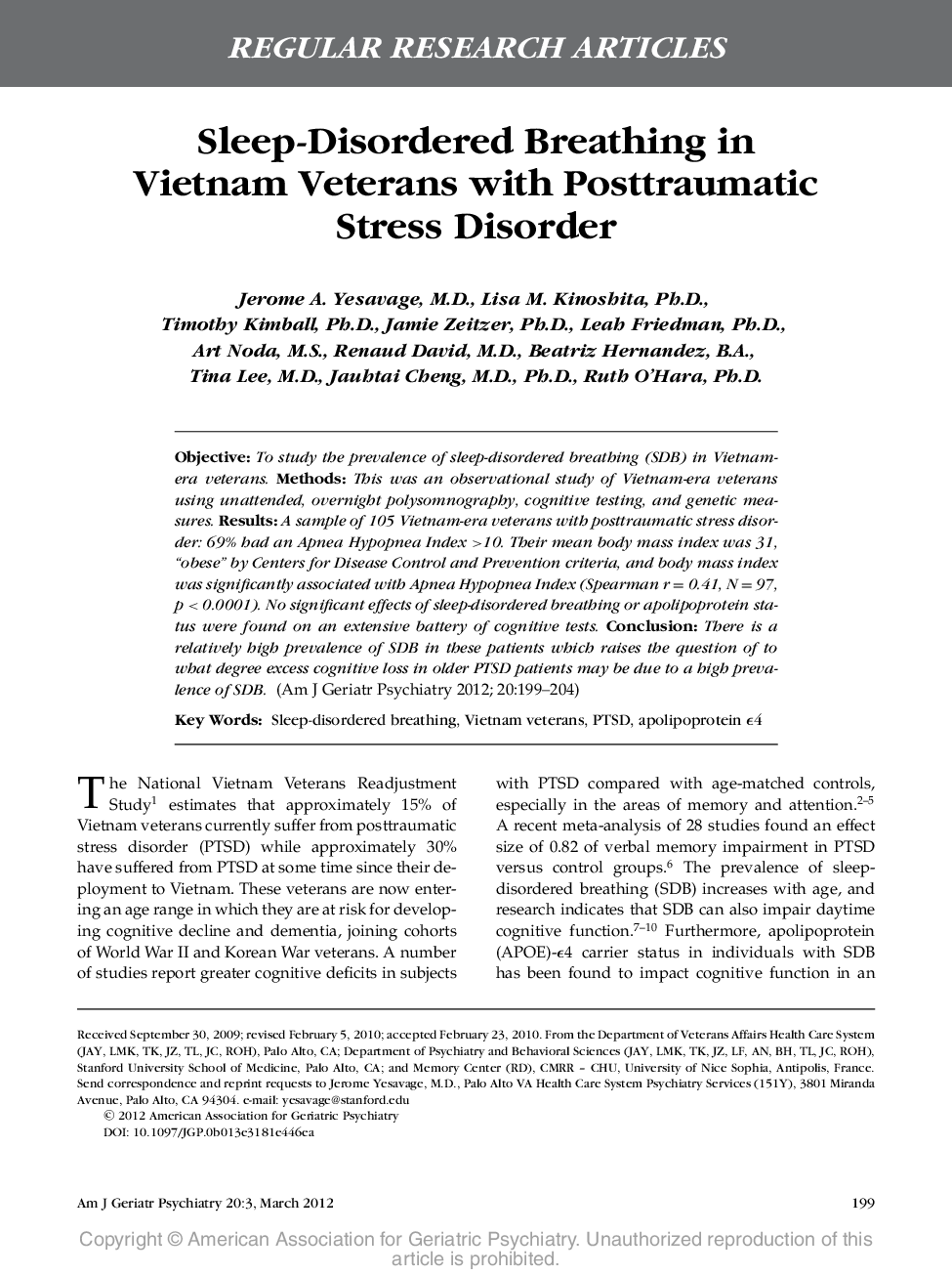 Sleep-Disordered Breathing in Vietnam Veterans with Posttraumatic Stress Disorder