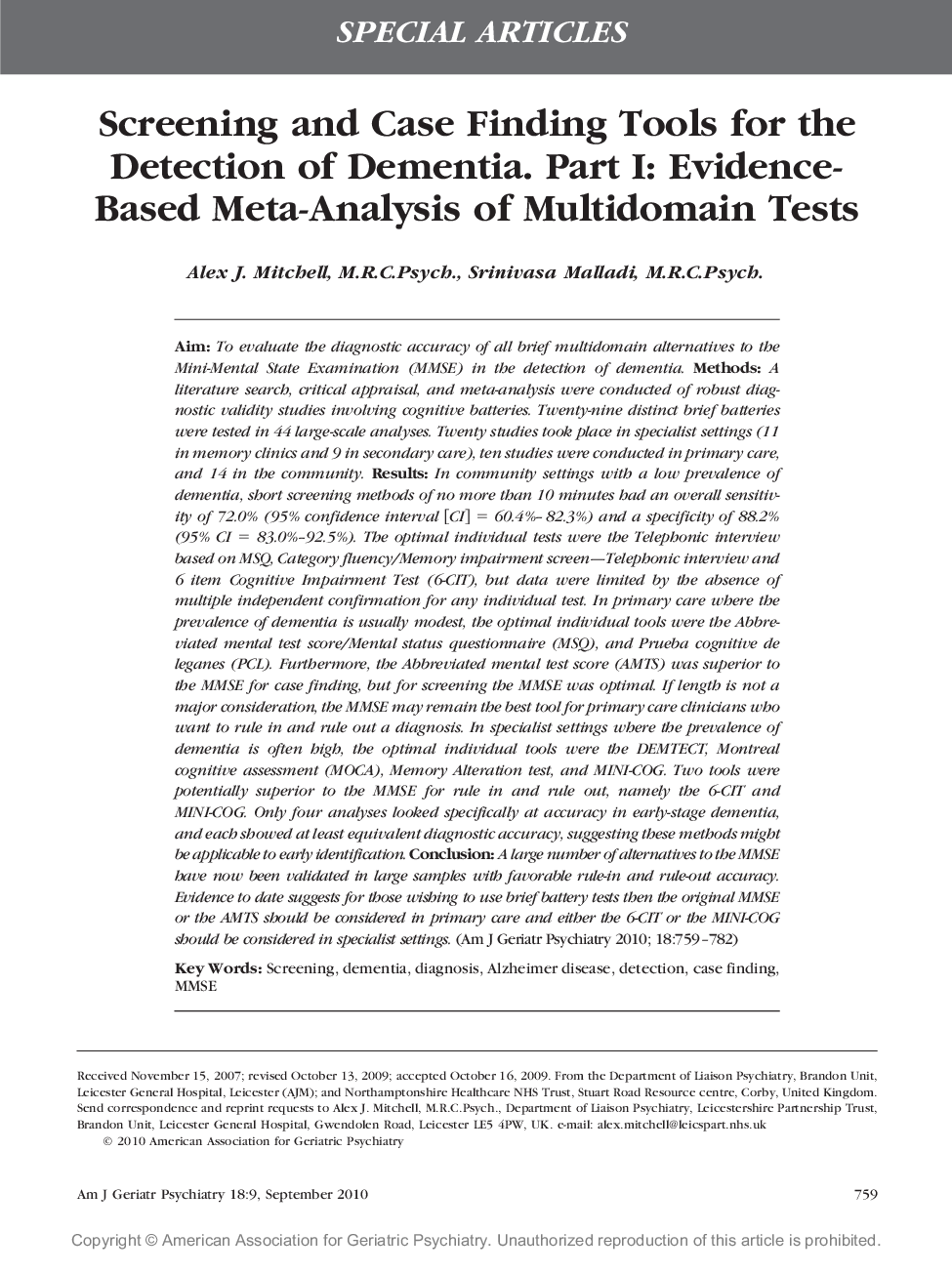 Screening and Case Finding Tools for the Detection of Dementia. Part I: Evidence-Based Meta-Analysis of Multidomain Tests