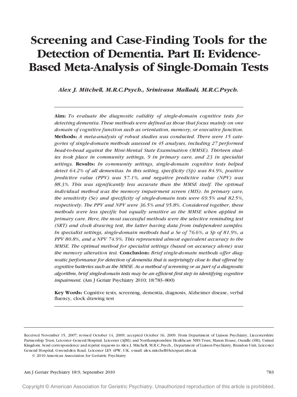 Screening and Case-Finding Tools for the Detection of Dementia. Part II: Evidence-Based Meta-Analysis of Single-Domain Tests