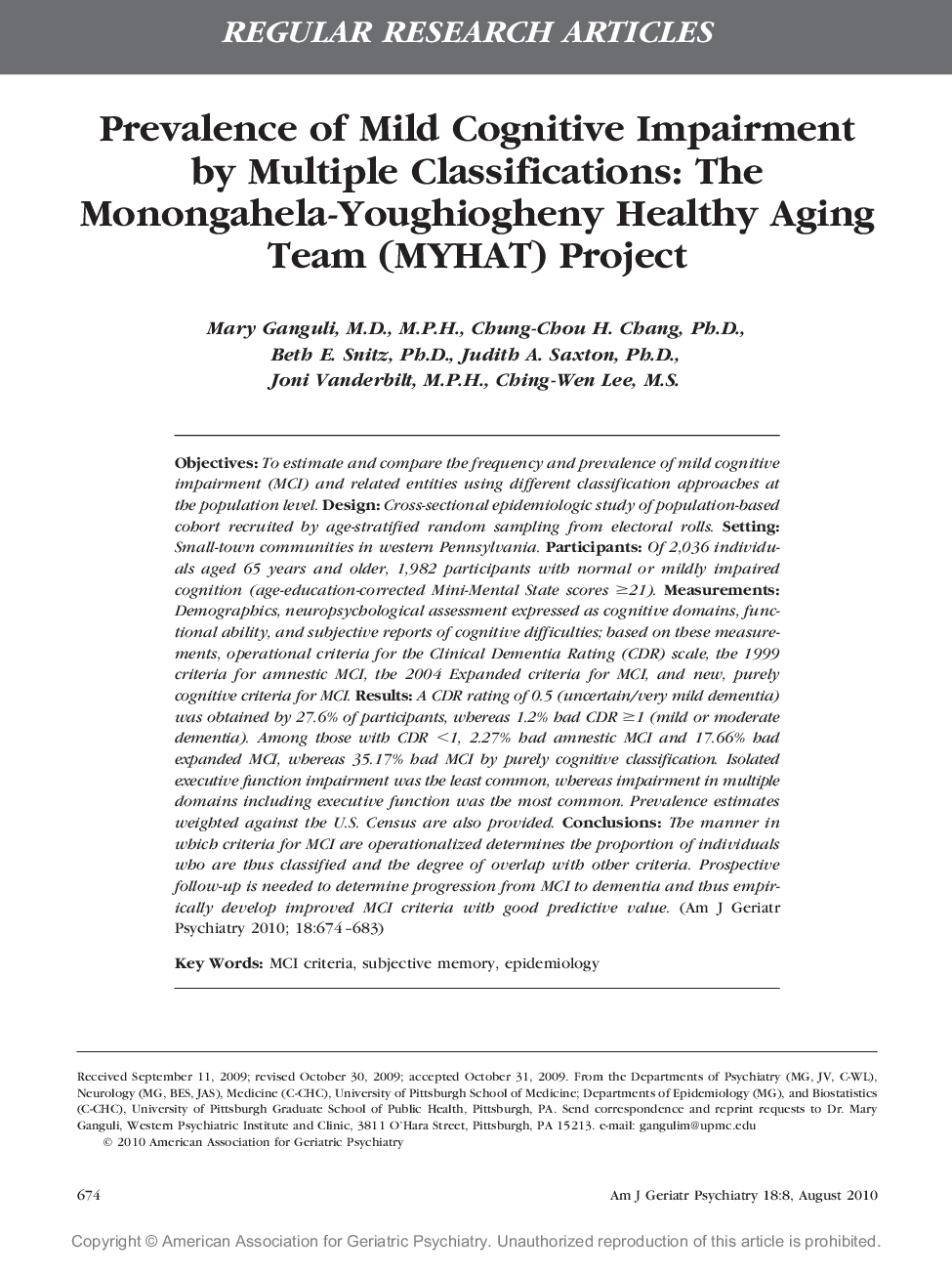 Prevalence of Mild Cognitive Impairment by Multiple Classifications: The Monongahela-Youghiogheny Healthy Aging Team (MYHAT) Project