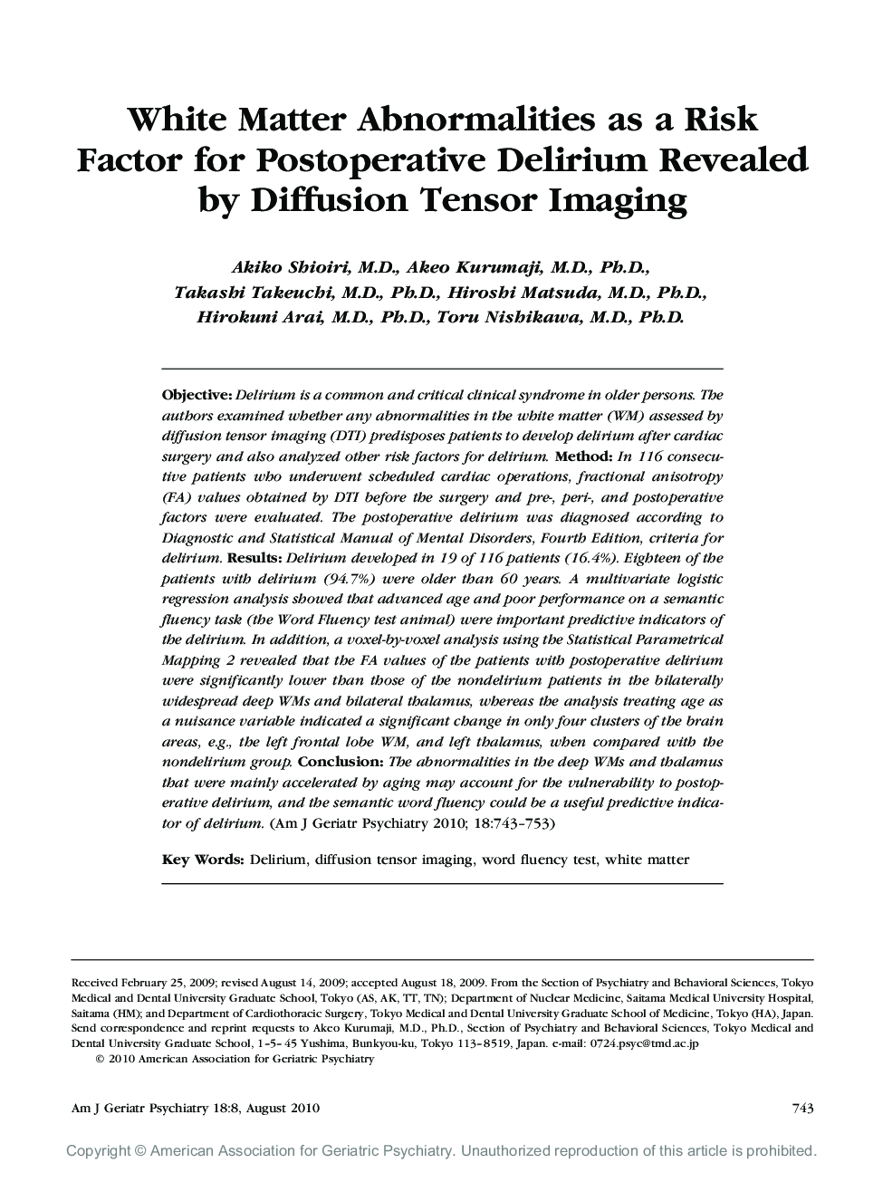 White Matter Abnormalities as a Risk Factor for Postoperative Delirium Revealed by Diffusion Tensor Imaging