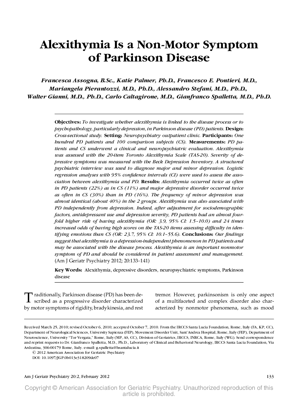 Alexithymia Is a Non-Motor Symptom of Parkinson Disease