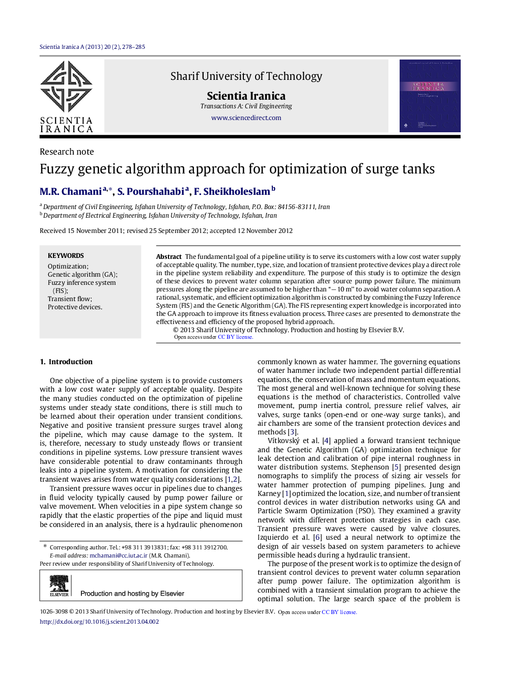 عکس صفحه اول مقاله: Fuzzy genetic algorithm approach for optimization of surge tanks Fuzzy genetic algorithm approach for optimization of surge tanks