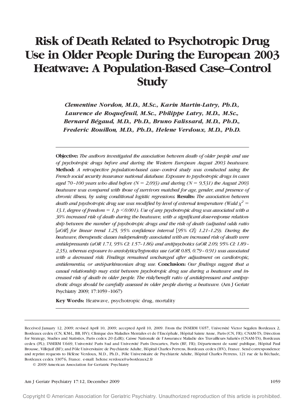 Risk of Death Related to Psychotropic Drug Use in Older People During the European 2003 Heatwave: A Population-Based Case-Control Study