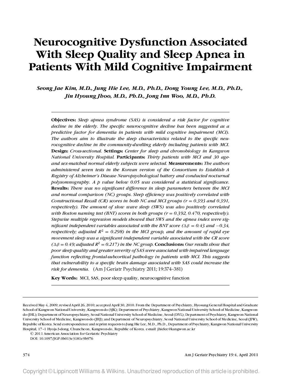 Neurocognitive Dysfunction Associated With Sleep Quality and Sleep Apnea in Patients With Mild Cognitive Impairment