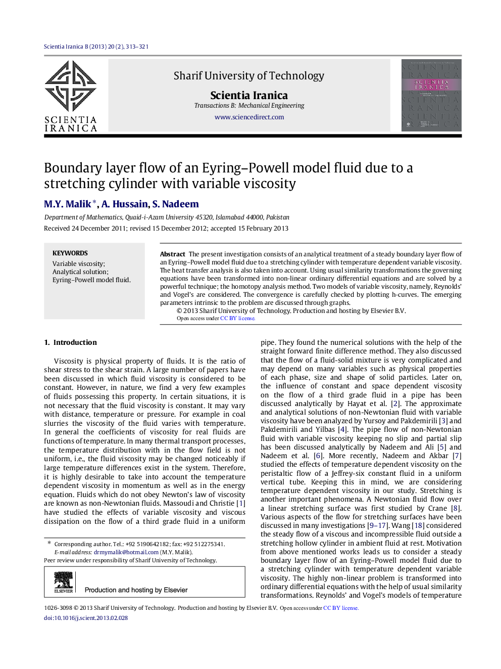 Boundary layer flow of an Eyring–Powell model fluid due to a stretching cylinder with variable viscosity 