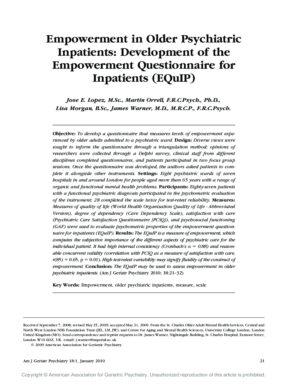 Empowerment in Older Psychiatric Inpatients: Development of the Empowerment Questionnaire for Inpatients (EQuIP)