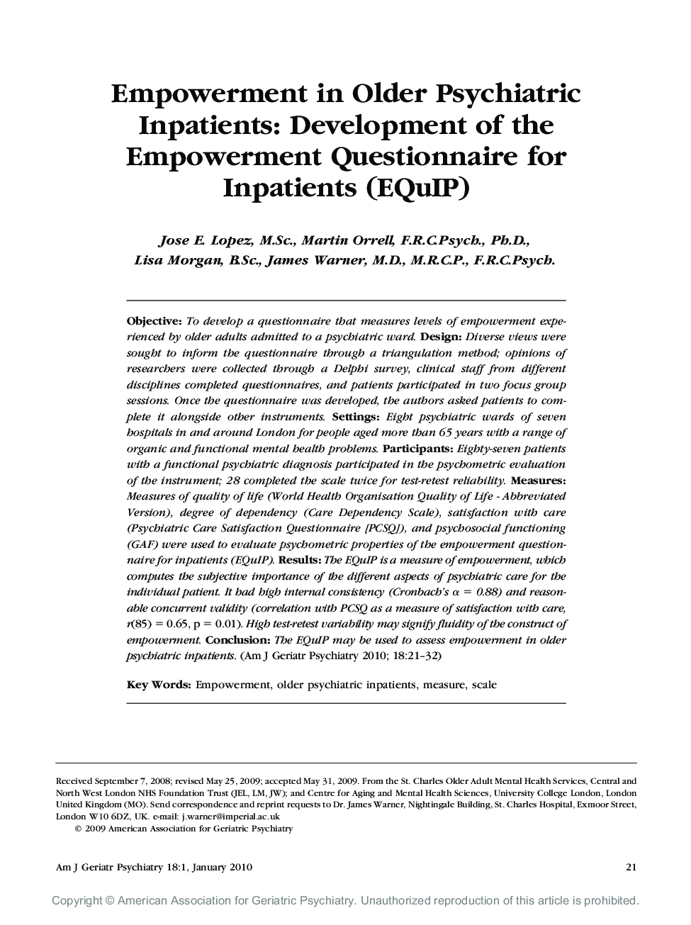عکس صفحه اول مقاله: Empowerment in Older Psychiatric Inpatients: Development of the Empowerment Questionnaire for Inpatients (EQuIP) Empowerment in Older Psychiatric Inpatients: Development of the Empowerment Questionnaire for Inpatients (EQuIP)