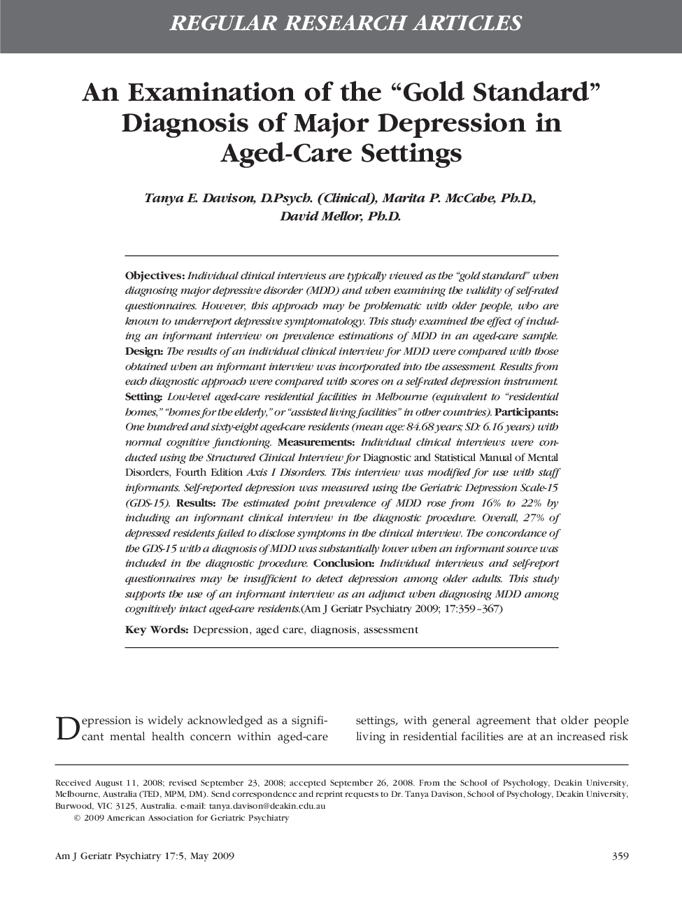 An Examination of the “Gold Standard” Diagnosis of Major Depression in Aged-Care Settings