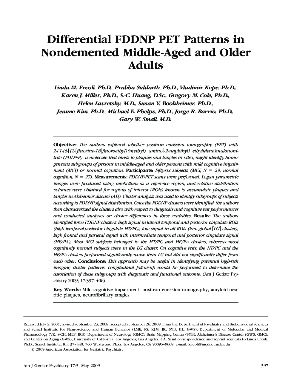 Differential FDDNP PET Patterns in Nondemented Middle-Aged and Older Adults