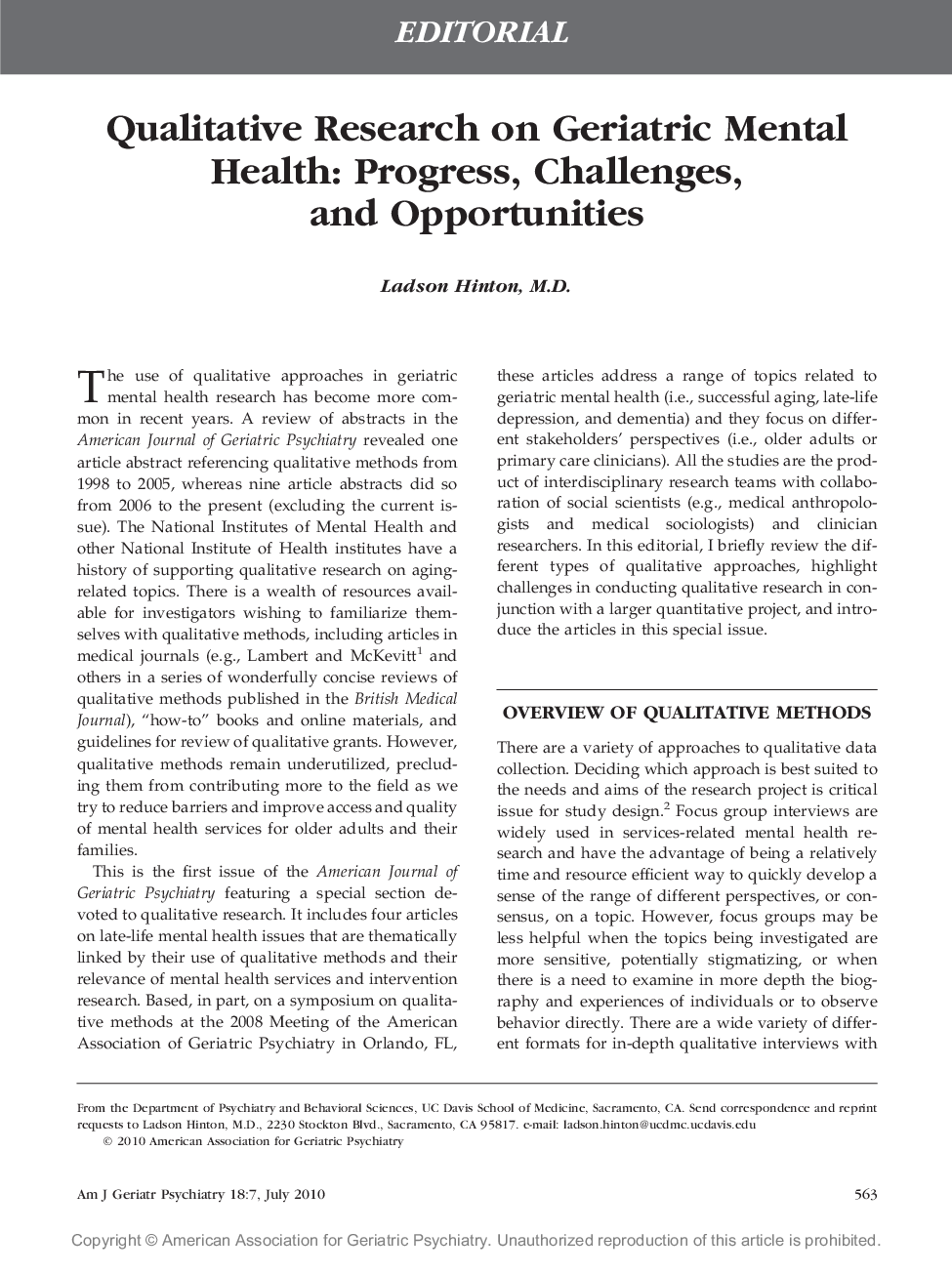 عکس صفحه اول مقاله: Qualitative Research on Geriatric Mental Health: Progress, Challenges, and Opportunities Qualitative Research on Geriatric Mental Health: Progress, Challenges, and Opportunities
