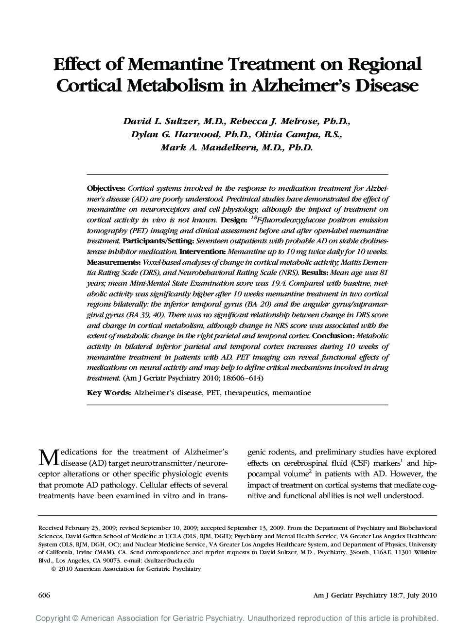 Effect of Memantine Treatment on Regional Cortical Metabolism in Alzheimer's Disease