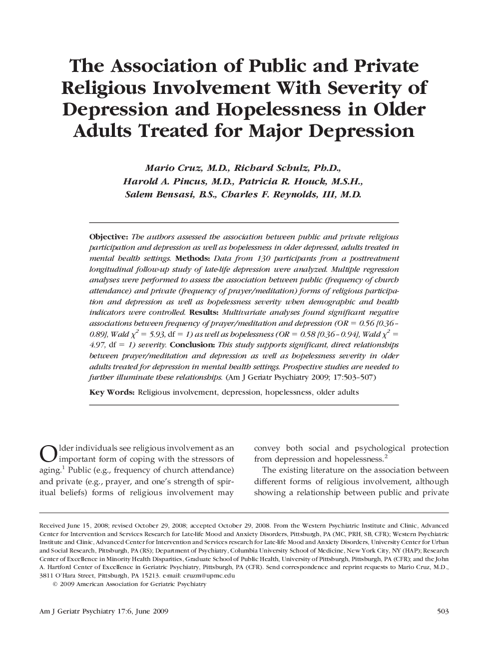 The Association of Public and Private Religious Involvement With Severity of Depression and Hopelessness in Older Adults Treated for Major Depression