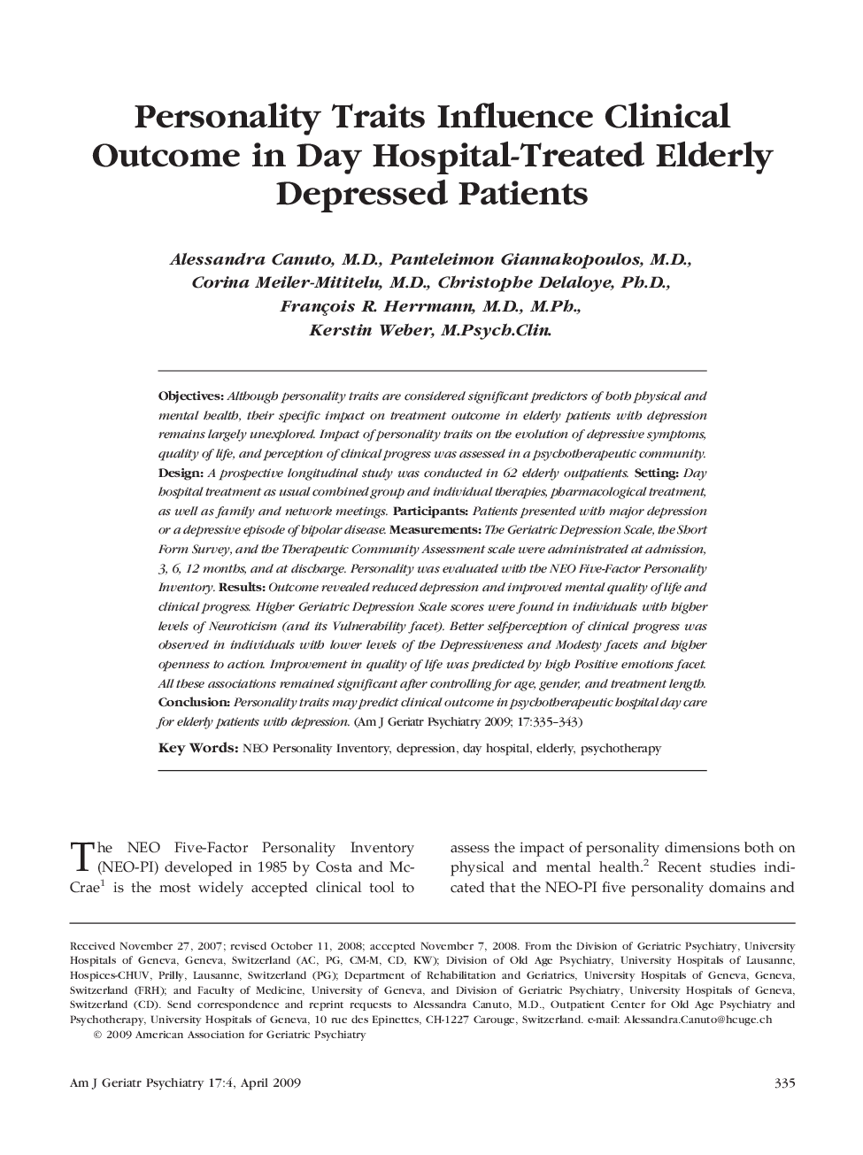 Personality Traits Influence Clinical Outcome in Day Hospital-Treated Elderly Depressed Patients