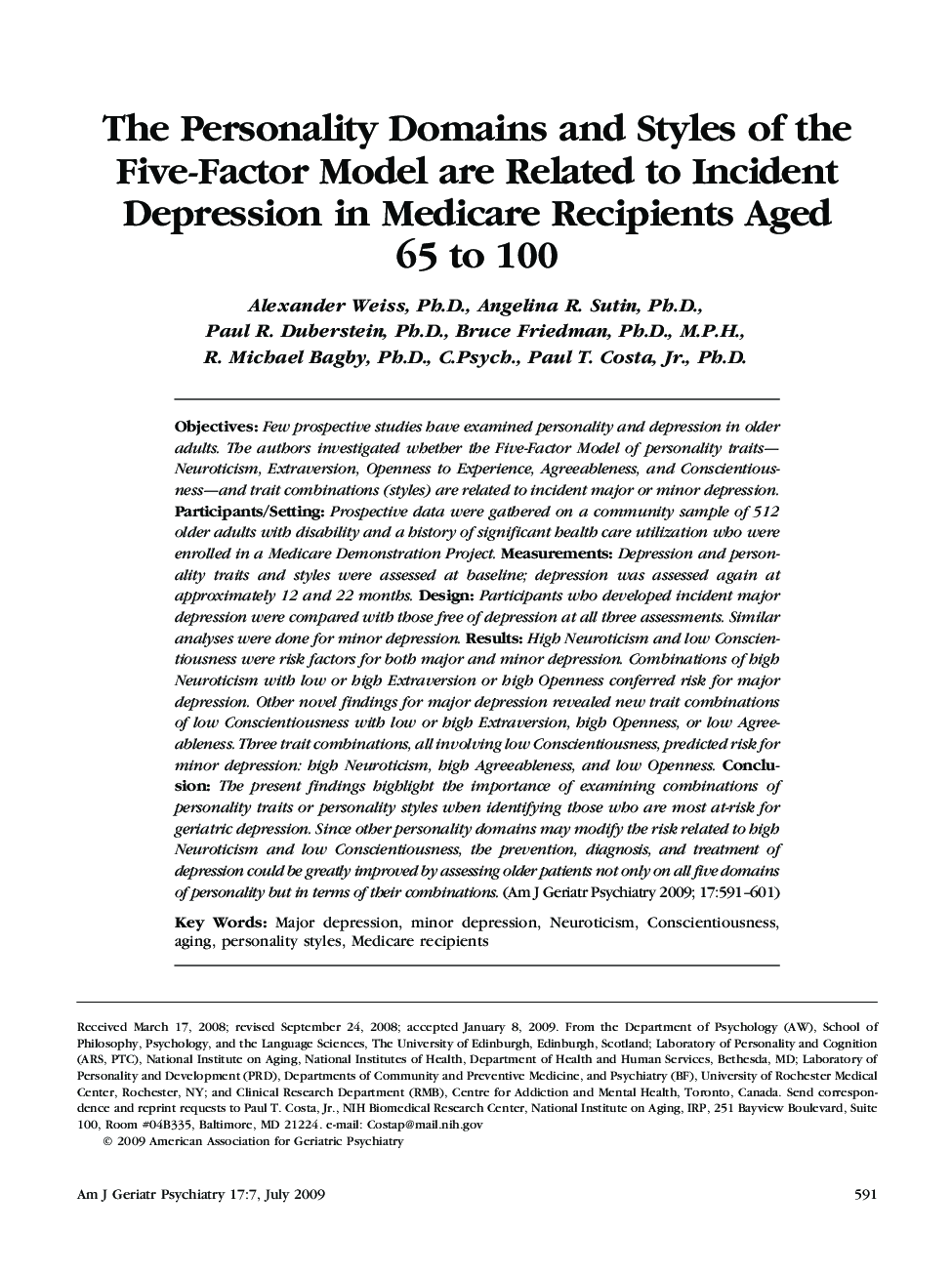 The Personality Domains and Styles of the Five-Factor Model are Related to Incident Depression in Medicare Recipients Aged 65 to 100