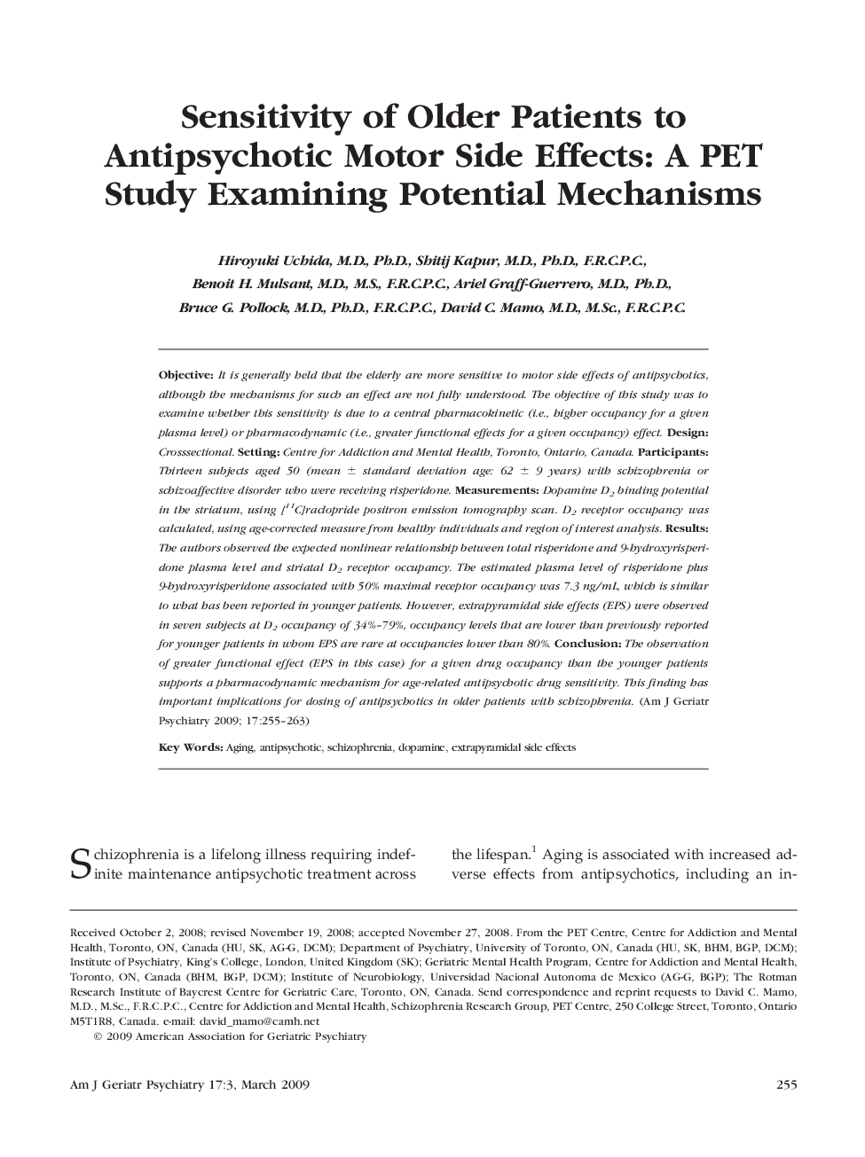 Sensitivity of Older Patients to Antipsychotic Motor Side Effects: A PET Study Examining Potential Mechanisms