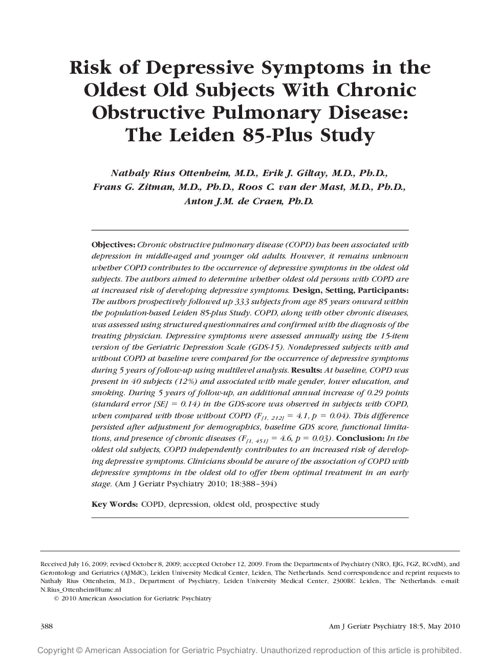 Risk of Depressive Symptoms in the Oldest Old Subjects With Chronic Obstructive Pulmonary Disease: The Leiden 85-Plus Study