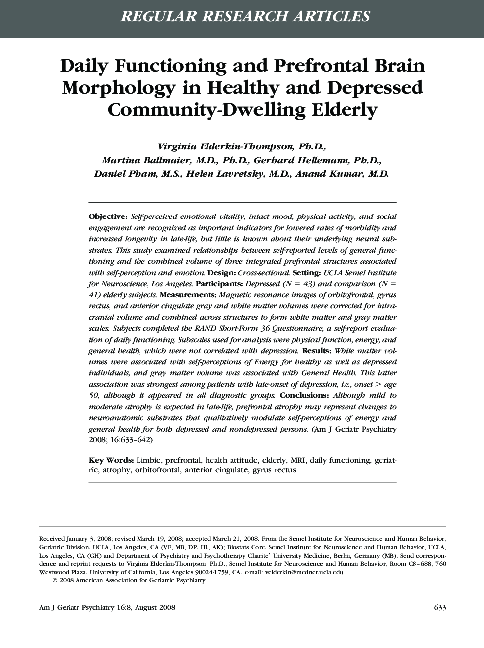 Daily Functioning and Prefrontal Brain Morphology in Healthy and Depressed Community-Dwelling Elderly