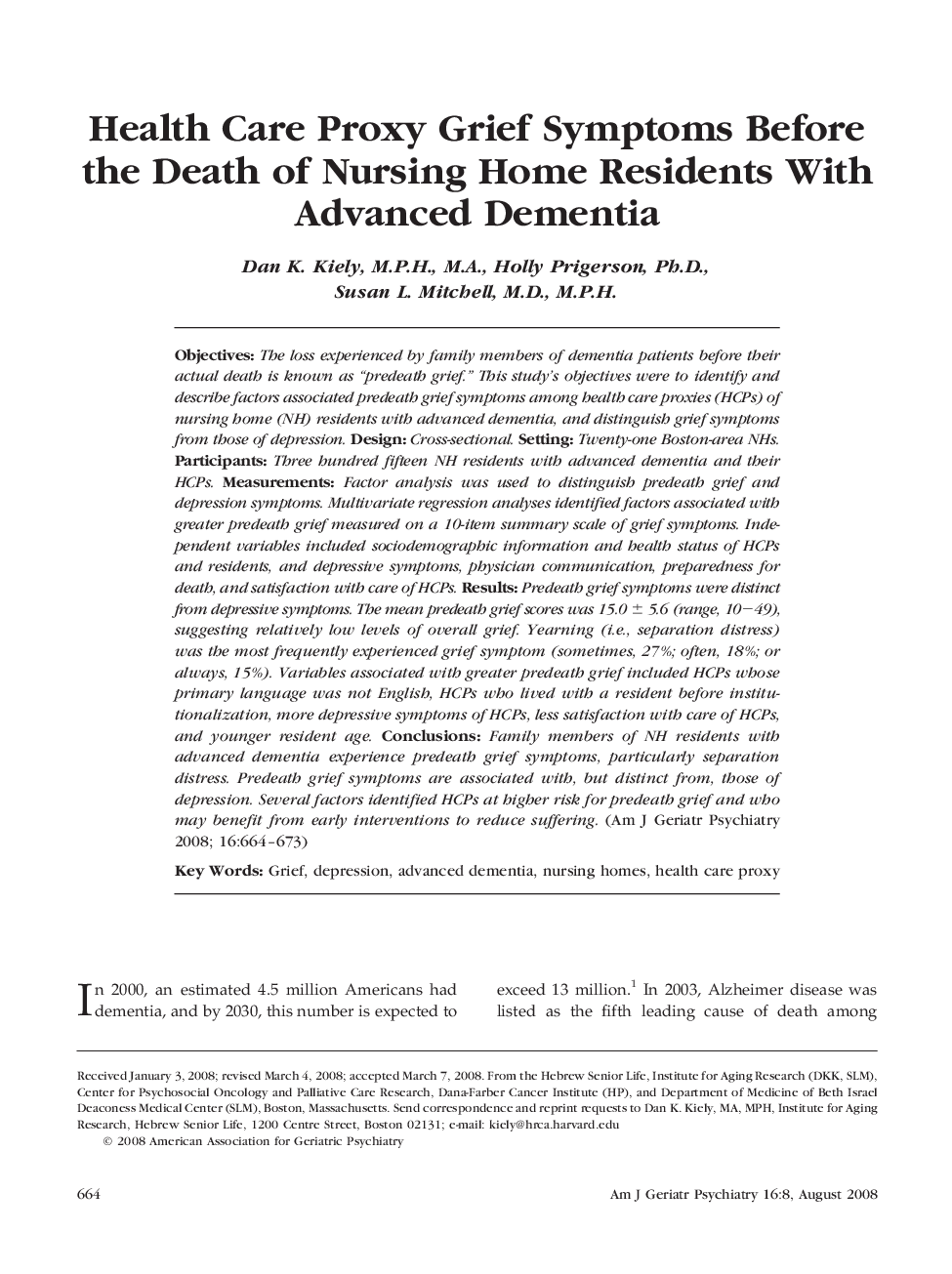 Health Care Proxy Grief Symptoms Before the Death of Nursing Home Residents With Advanced Dementia