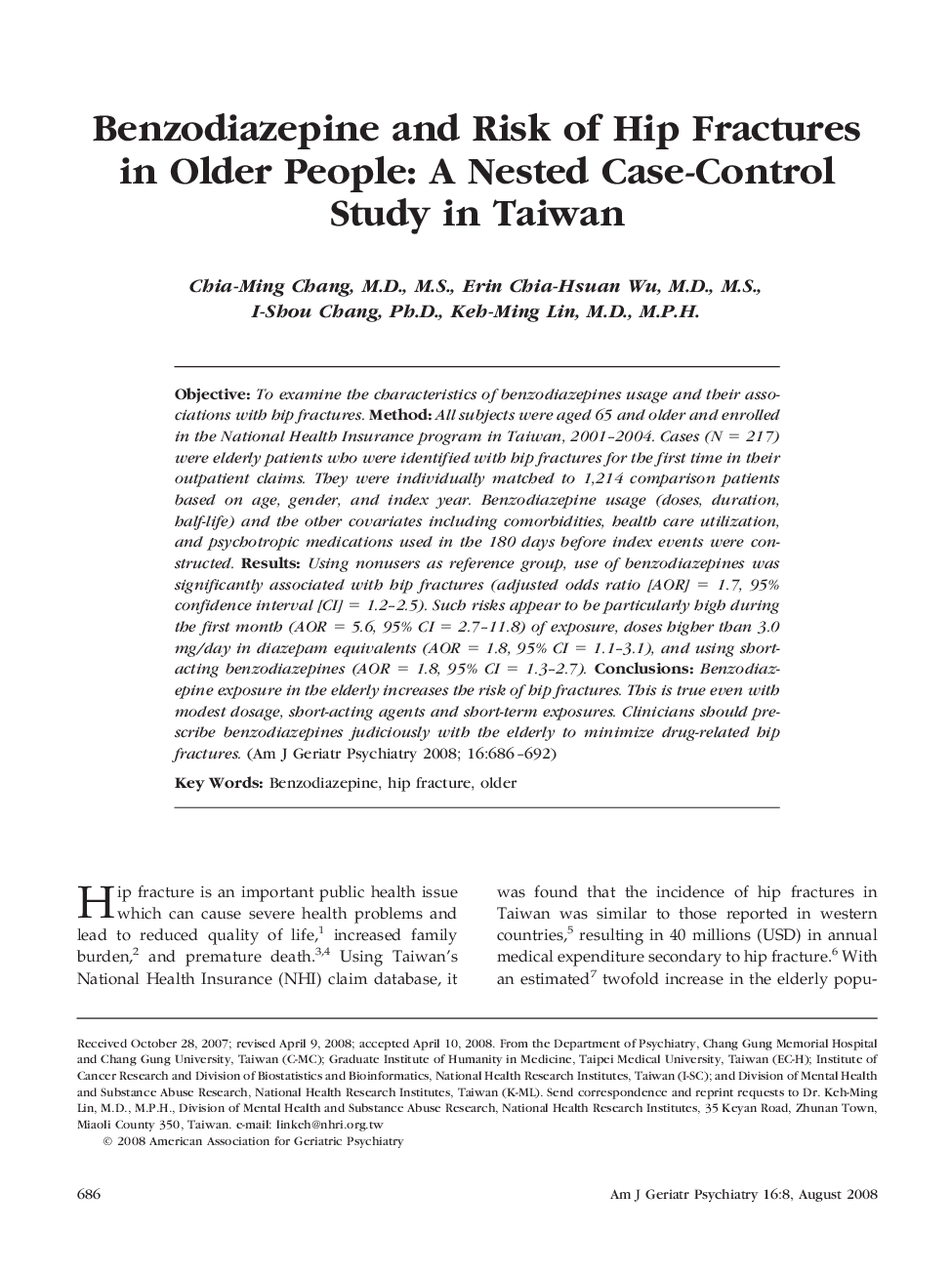 Benzodiazepine and Risk of Hip Fractures in Older People: A Nested Case-Control Study in Taiwan