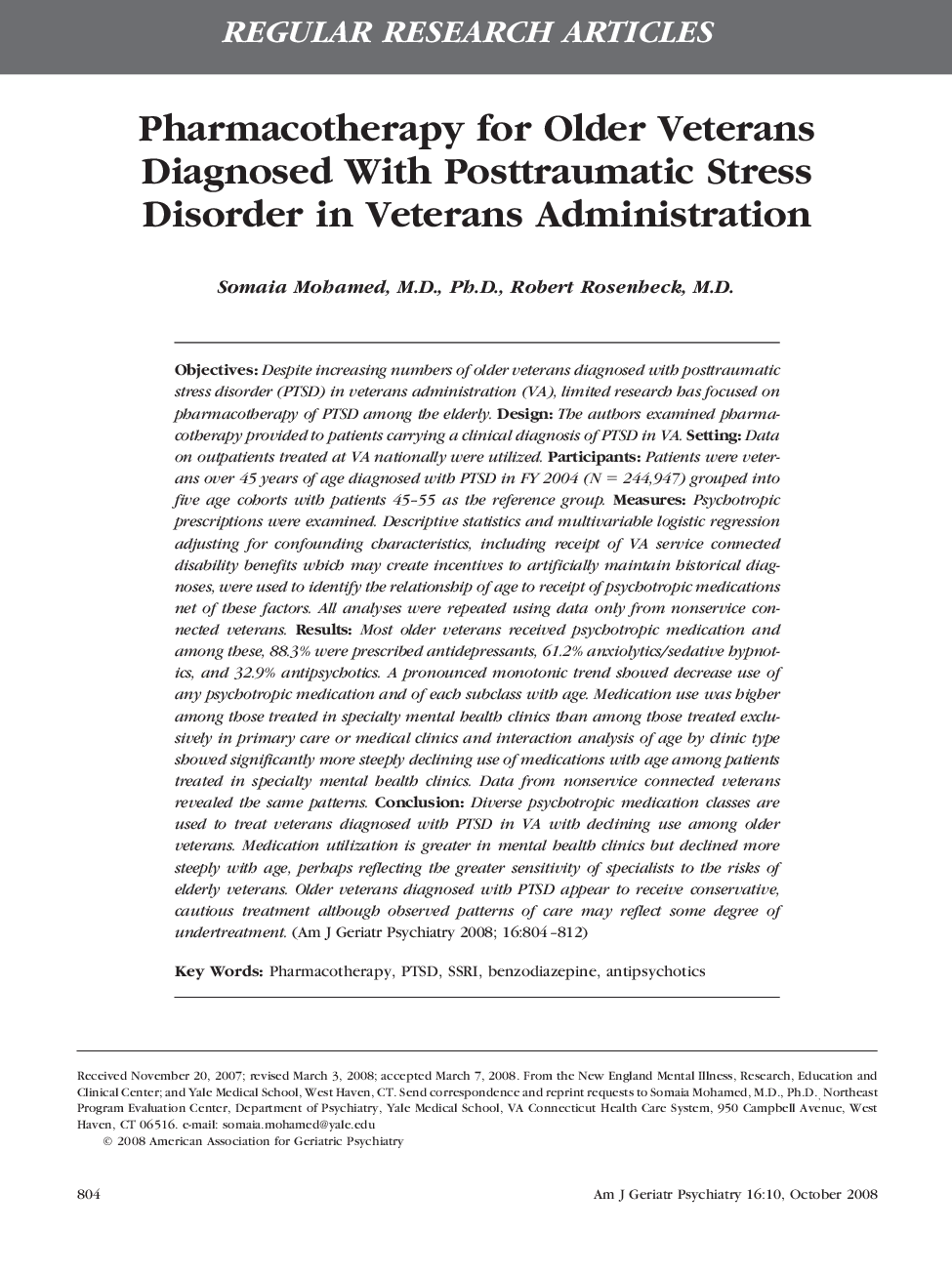 Pharmacotherapy for Older Veterans Diagnosed With Posttraumatic Stress Disorder in Veterans Administration