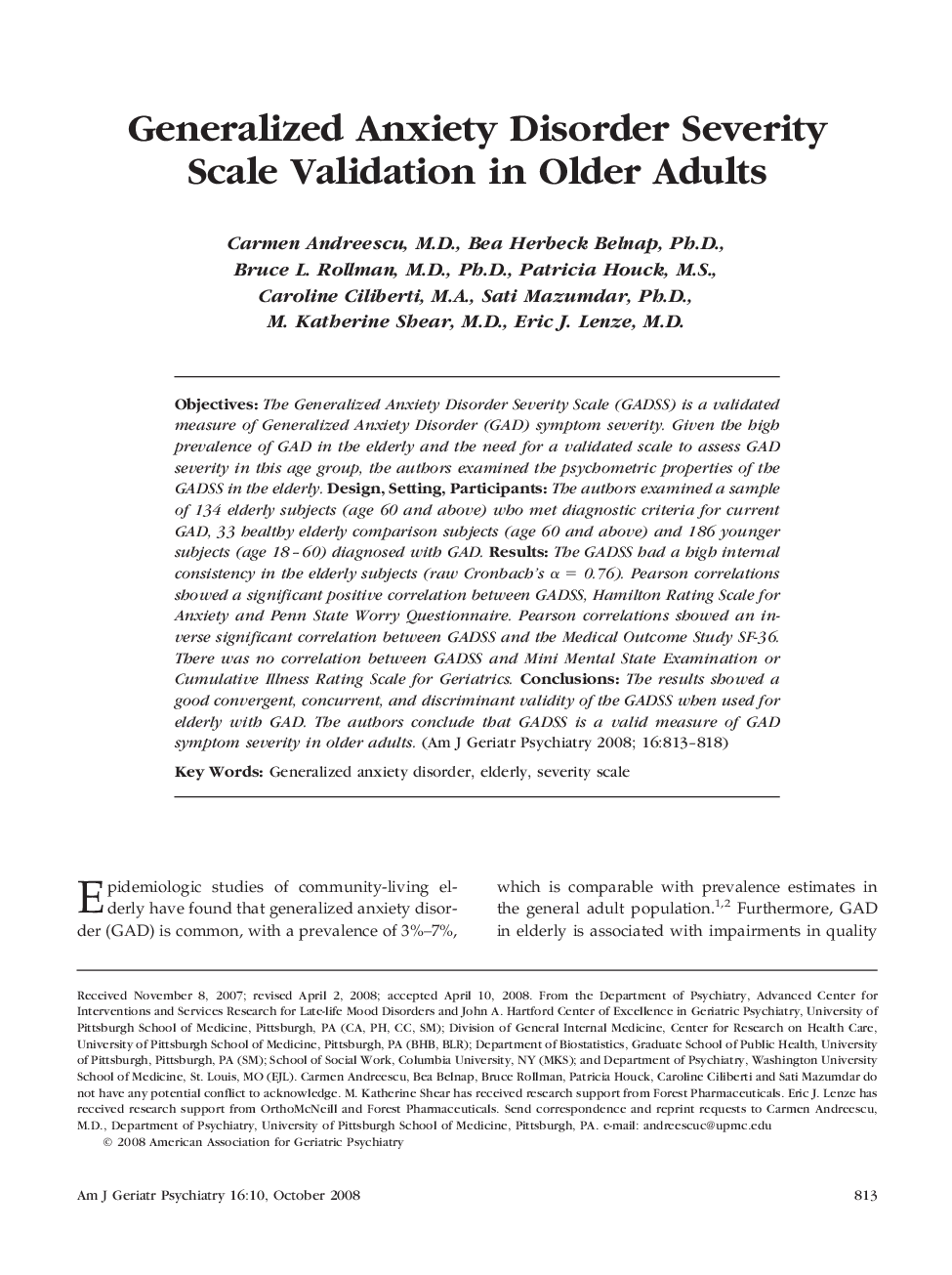 Generalized Anxiety Disorder Severity Scale Validation in Older Adults