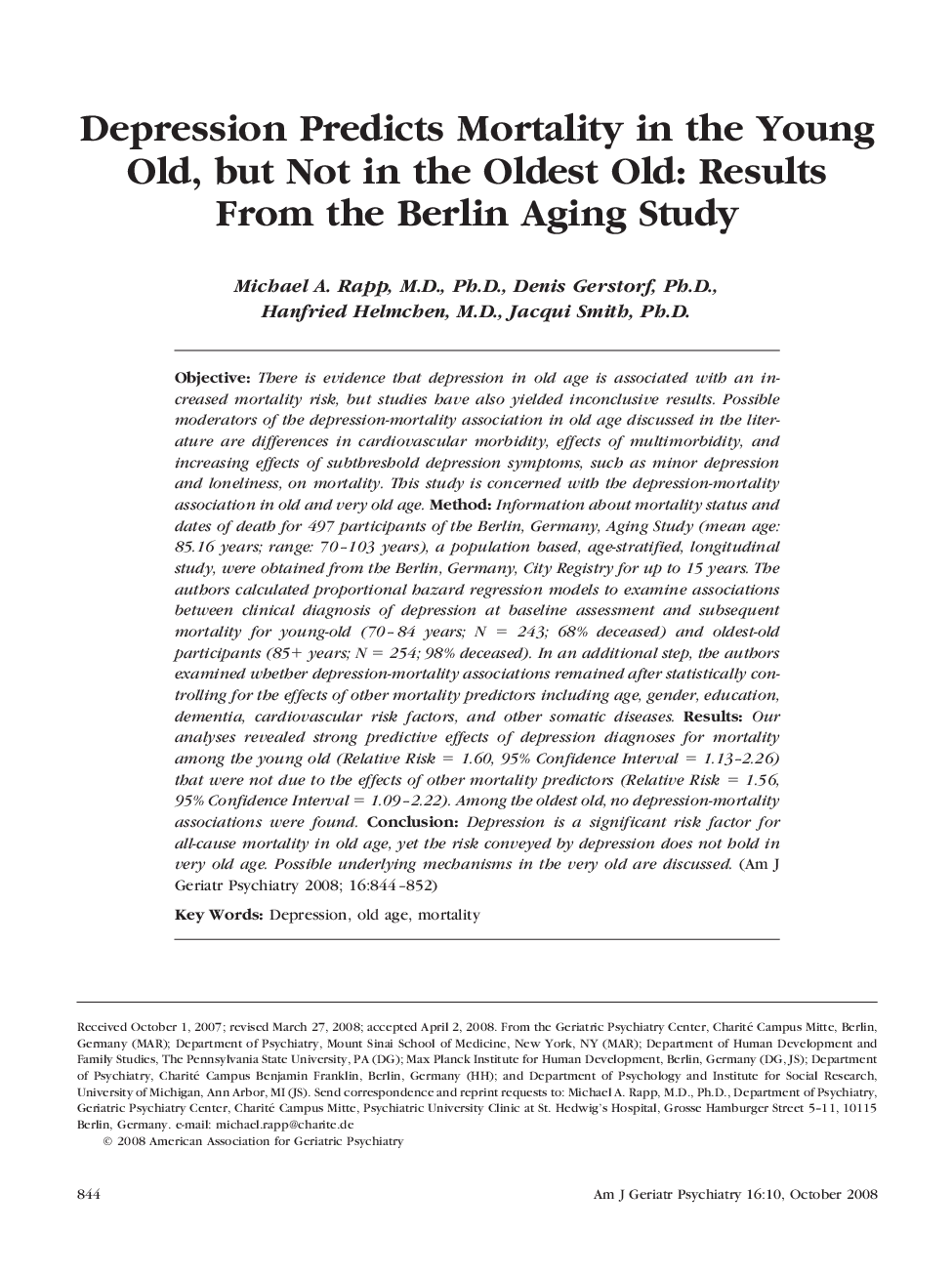 Depression Predicts Mortality in the Young Old, but Not in the Oldest Old: Results From the Berlin Aging Study