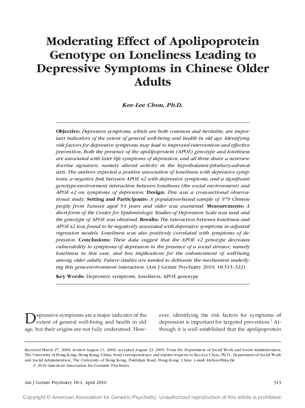 Moderating Effect of Apolipoprotein Genotype on Loneliness Leading to Depressive Symptoms in Chinese Older Adults