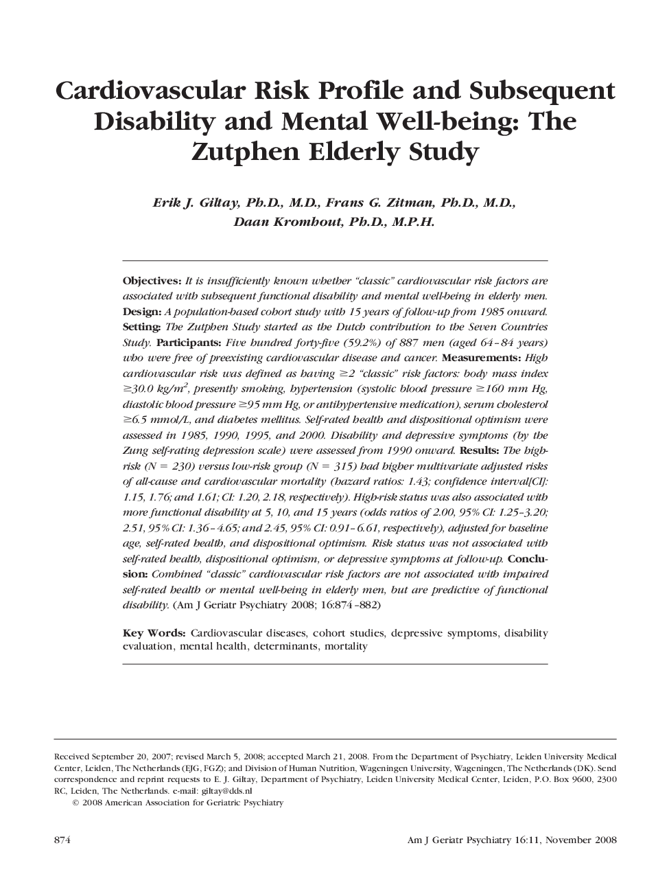 Cardiovascular Risk Profile and Subsequent Disability and Mental Well-being: The Zutphen Elderly Study